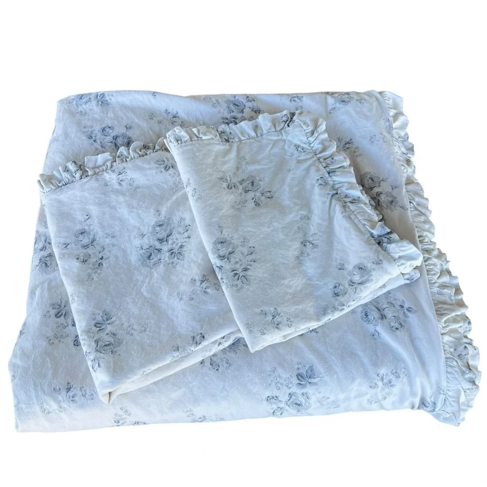 VTG Ethan Allen Blue Gray Rose Reversible 3-Piece Duvet Set Ruffles Cottage READ